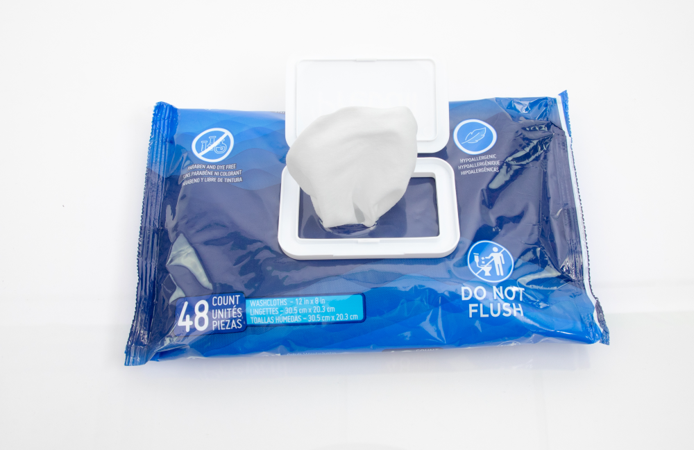 Prevail&reg; Disposable Adult Washcloth with  Press-n-Pull Lid, 12" x 8", open package